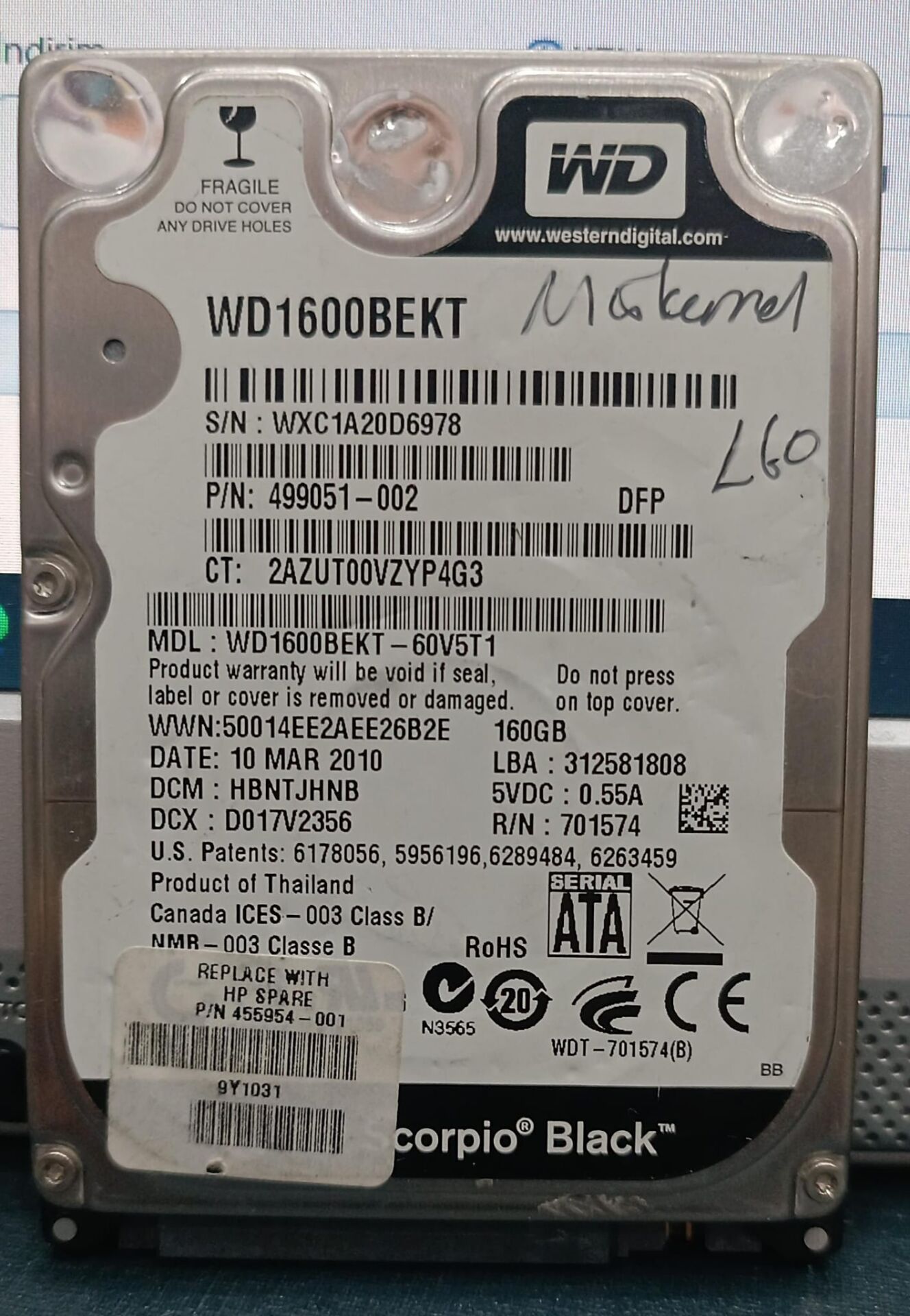 WD 1600 BEKT 160 Gb Leptop Hardiski
